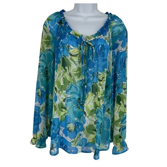 Susan Graver Floral Chiffon Long-Sleeve Ruffle Details Tie Neck Blouse Size XL - Picture 1 of 11